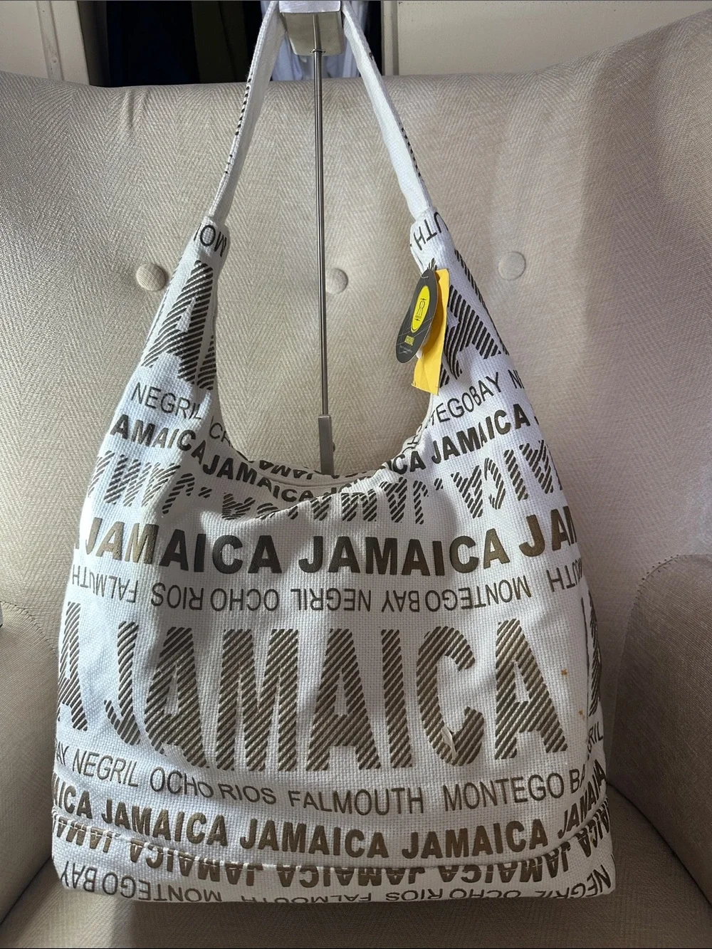 Jamaica Print Canvas Tote Bag in White and Brown